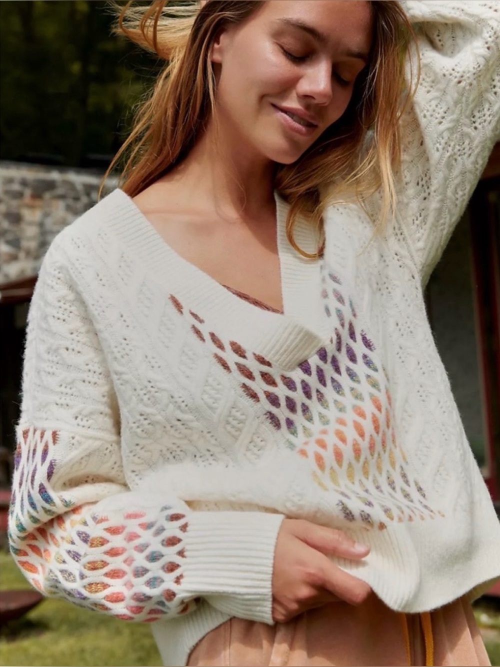 Maeve by Anthropologie Cream Cable Knit Rainbow V-Neck Sweater Small